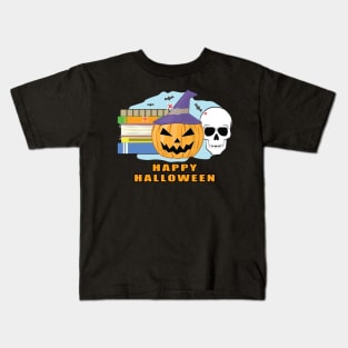 Happy Reading Halloween - Spooky Skull, Pumpkin & Books Kids T-Shirt